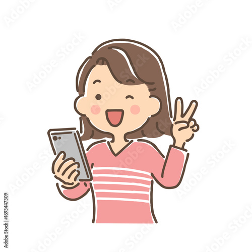 スマホを持ち笑顔でピースしている若い女性（フルカラー）