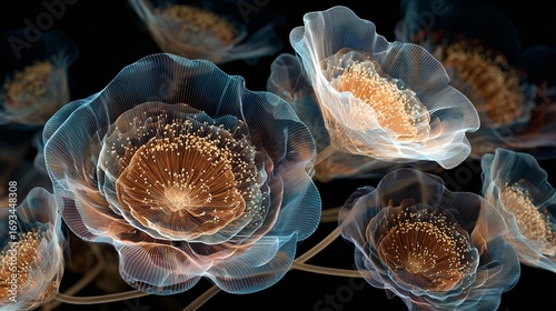 Intricate floral arrangement showcasing delicate transparent flowers with glowing details.
