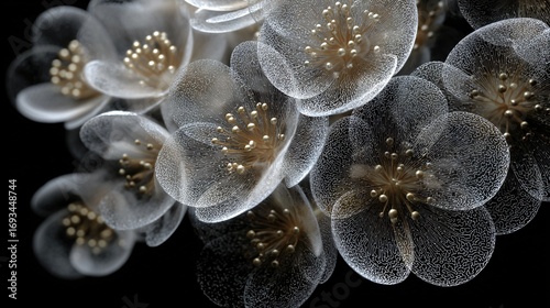 Translucent flowers display delicate, patterned petals in a dreamlike, ethereal arrangement.