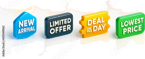 A collection of colorful 3D promotional tags for e-commerce, including New Arrival, Limited Offer, Deal of the Day, and Lowest Price.