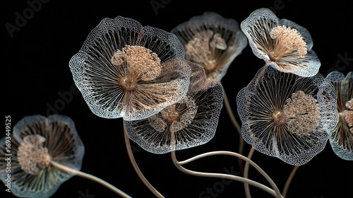 Detailed micro photograph of transparent flowers displaying a complex and unique design.