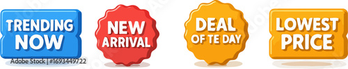 Promotional badges for online shopping, including trending, new arrival, deal of the day, and lowest price.
