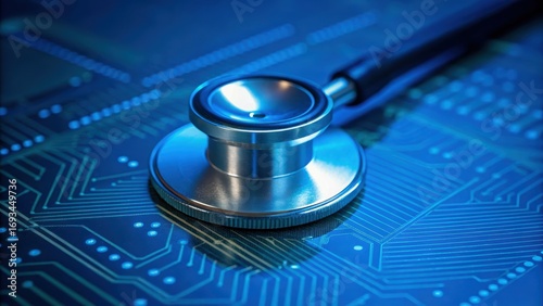 IoT security in medicine concept stethoscope on circuit board healthcare data protection network device encryption safety