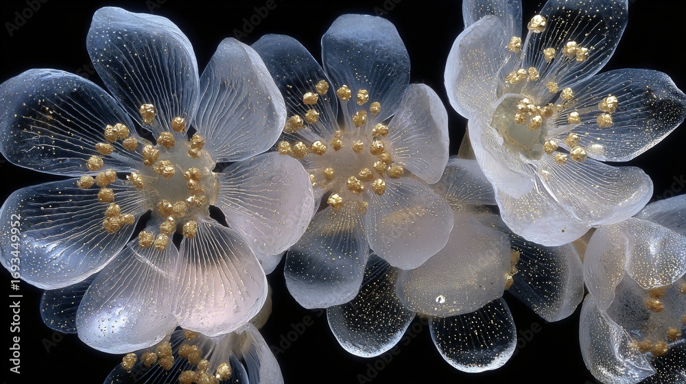 Obraz premium Detailed micro photograph showcases transparent flowers with delicate, gold accented petals.