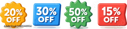 Four discount labels with percentages.
