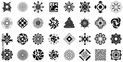 A grid of thirty six black and white geometric designs on a white background in a square format