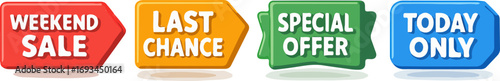 Four colorful promotional banners displaying 'Weekend Sale', 'Last Chance', 'Special Offer', and 'Today Only' for marketing campaigns.
