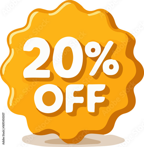 A bright yellow starburst sticker with '20% OFF' written in bold white letters, indicating a sale or discount.
