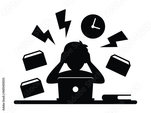 Overwhelmed professional struggling with deadlines and workload, feeling immense pressure and stress at desk with laptop and scattered papers