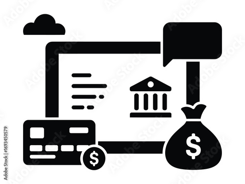 Secure financial transactions and banking management with digital tools and money bag icon symbolizing wealth and growth