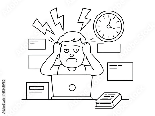 Overwhelmed student facing tight deadline, hands on head, laptop and clock indicating pressure, feeling stressed by workload and studies.
