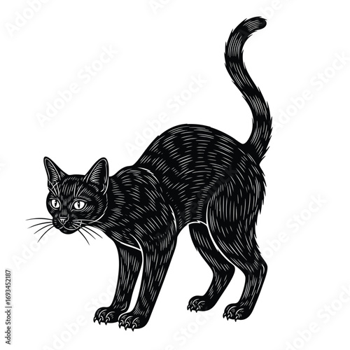 Vintage style black cat illustration with an arched back and raised tail in a classic Halloween pose.