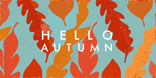 Hello autumn text with colorful falling leaves pattern on a textured blue background