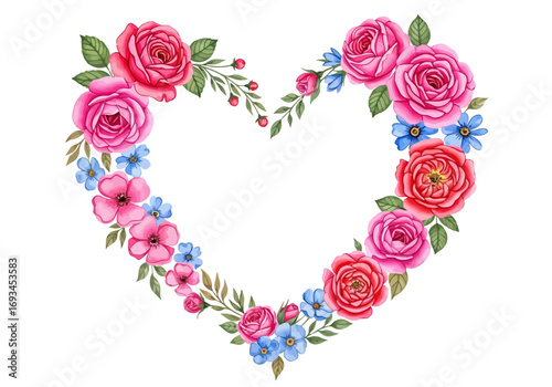 Heart shaped floral wreath with pink and blue flowers