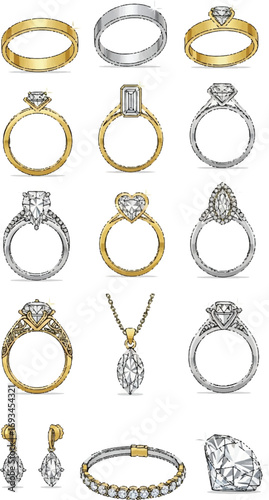  shows a collection of jewelry designs, primarily engagement rings, along with a pendant and a pair of earrings. Here's a breakdown of what’s in the image, row by row from top to bottom: