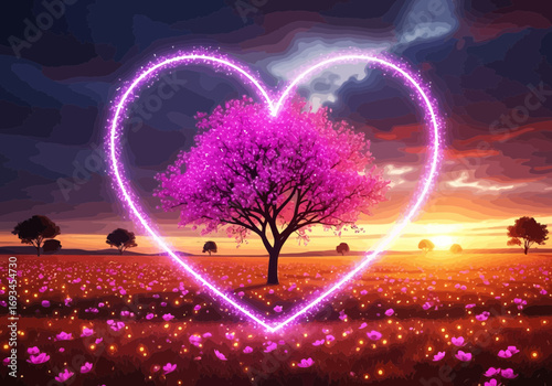 Magical glowing heart around a pink tree