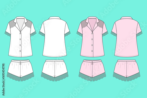 Women's Short Sleeve Top and Shorts PJ Set Colorway Fashion Flat Sketch Technical CAD Mockup.