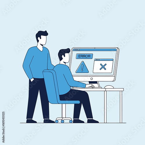 Two men in blue shirts troubleshooting a computer error, flat illustration.