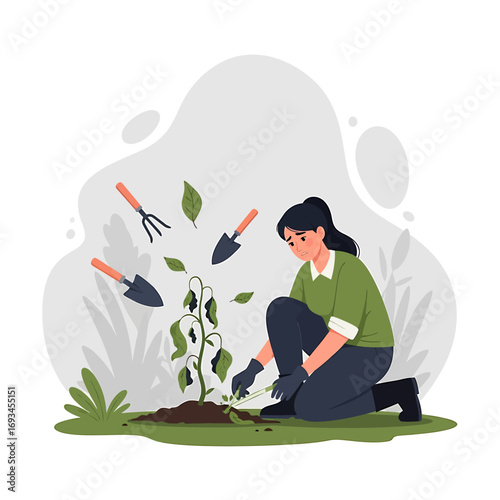 Woman Kneeling, Carefully Tending to a Withering Plant with Gardening Tools.