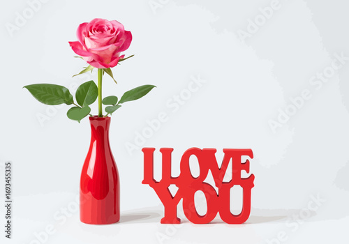 Pink rose in red vase with i love you sign