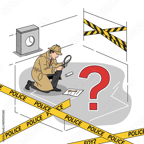 Cartoon Detective Inspecting a Question Mark with Magnifying Glass at Crime Scene.