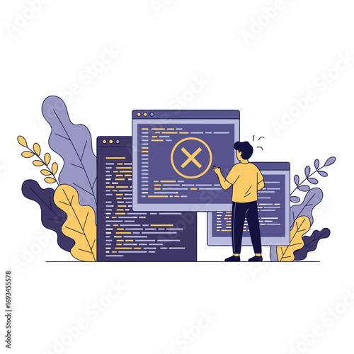 Cartoon man debugging code with error message on screen, flat vector illustration.