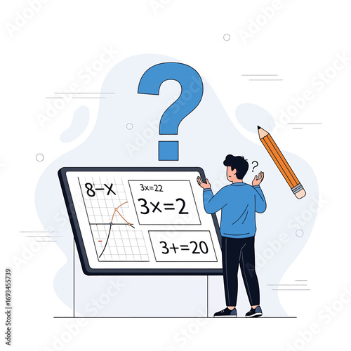Confused Student Pondering Math Equations on a Digital Display with Pencil.