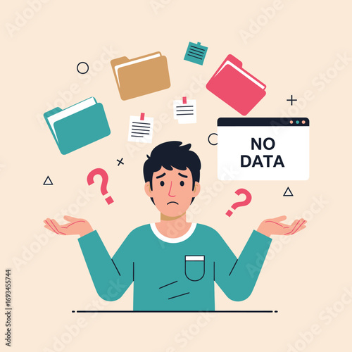 Confused Man with Open Palms Facing No Data Screen and Floating Documents.