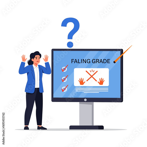 Confused Woman Gesturing Near Computer Screen Displaying Failing Grade.