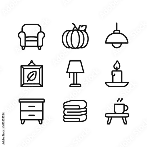 Autumn home styling vector icons set. Outline symbols. Line design