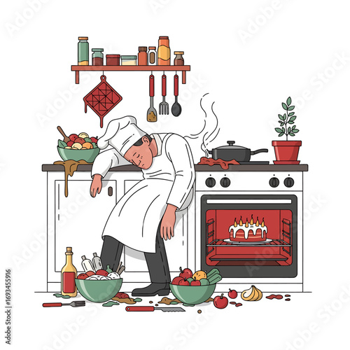 Exhausted Chef Collapses in Messy Kitchen.