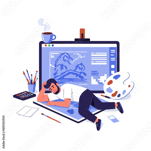Exhausted Male Graphic Designer Lying on Blueprint, Stressed.