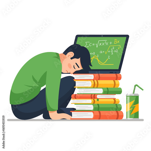 Exhausted Student Sleeping on Stack of Books with Laptop Displaying Math Equations.