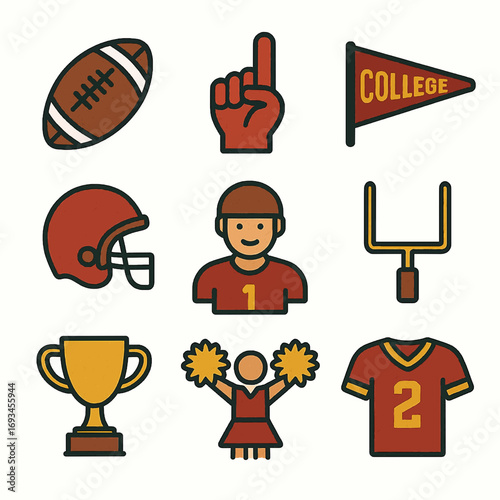 Vector icons of college football, fans, and sports elements.