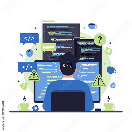 Focused Programmer Debugging Code on Multiple Screens.