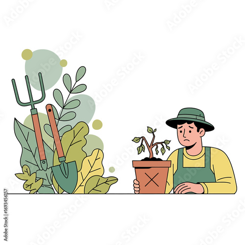 Sad gardener holding a wilting potted plant, with gardening tools and stylized leaves. Flat vector illustration.