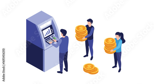 People interact with ATM getting cash and holding stacks of gold coins representing financial transactions and wealth