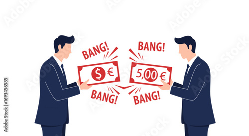 Businessmen clash over currency exchange, symbolizing financial competition and market volatility.