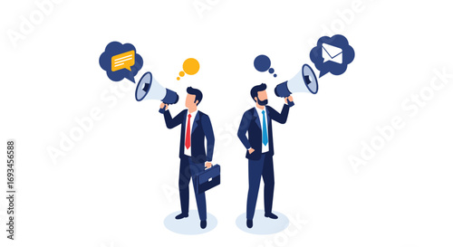Business professionals broadcasting messages with megaphones, conveying communication strategy and outreach success
