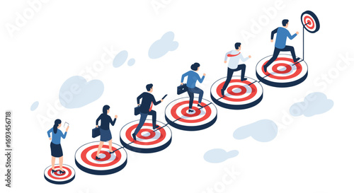 Driven professionals ascend targets step by step, achieving ambitious business goals with determination