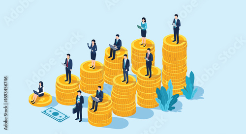 Professionals achieve financial growth and success standing on rising stacks of gold coins