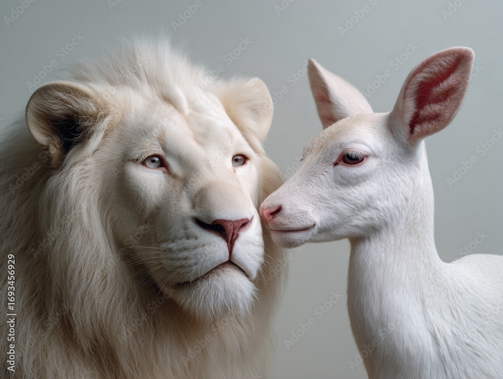 Obraz premium A majestic white lion and a delicate white fawn share a moment of connection, showcasing their serene expressions against a soft background.
