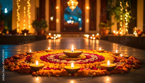 Diwali Festival Of Lights Celebration With Diyas And Flowers.