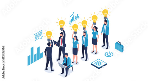Dynamic team holding glowing lightbulbs symbolizing innovation and successful business strategy development