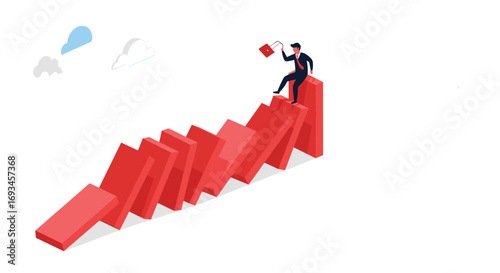 Business man on precarious dominoes, symbolizing risk, success, and potential collapse