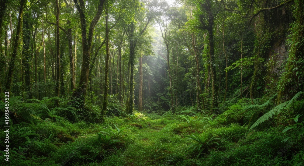 Obraz premium Lush Green Rainforest Path with Sunbeams