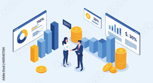Confident business professionals celebrate financial success, shaking hands amidst charts and money
