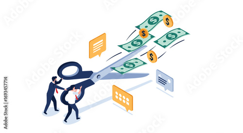 Businessmen cutting money with giant scissors symbolizing cost reduction and financial strategy