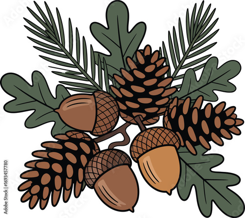 Autumn leaves pinecones acorns and berries silhouette