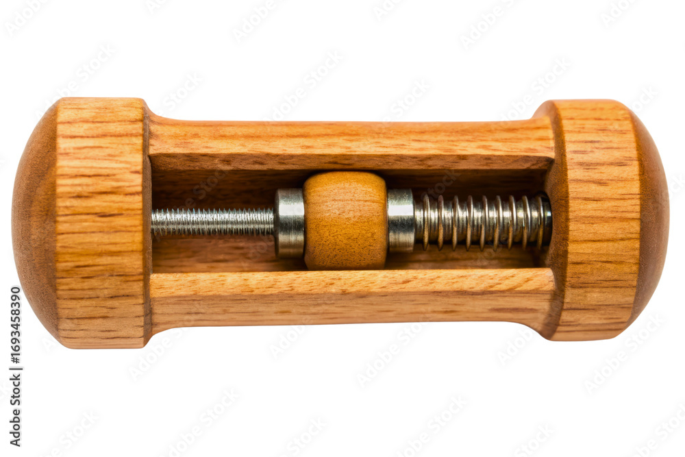 Fototapeta premium Wooden screw press nutcracker tool with metal spring isolated with transparent background